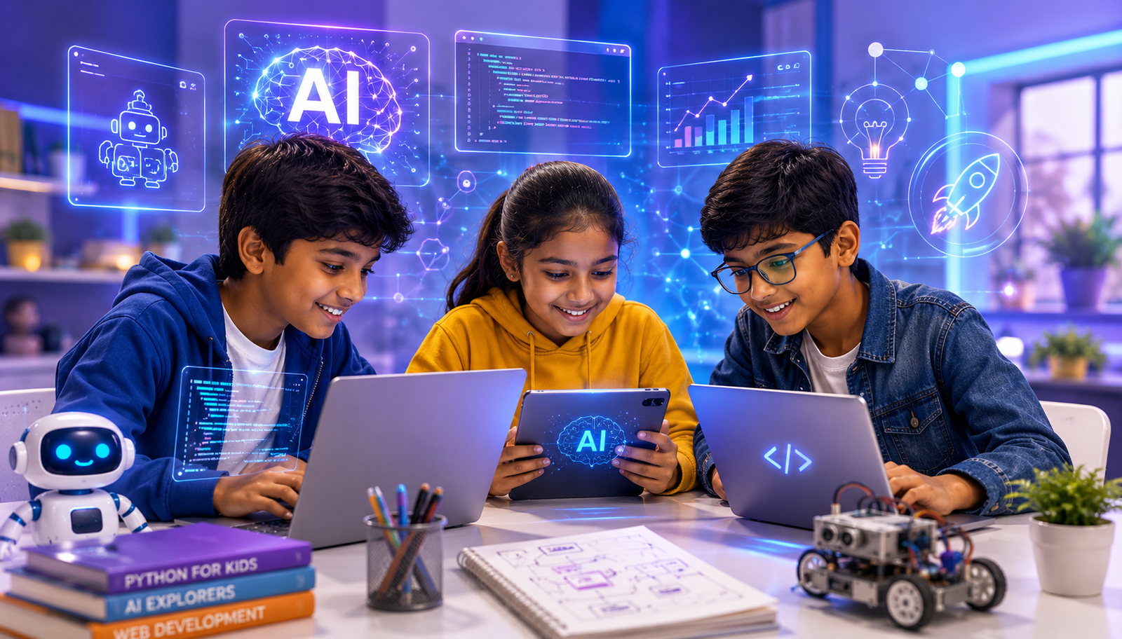 Kids learning technology with laptops